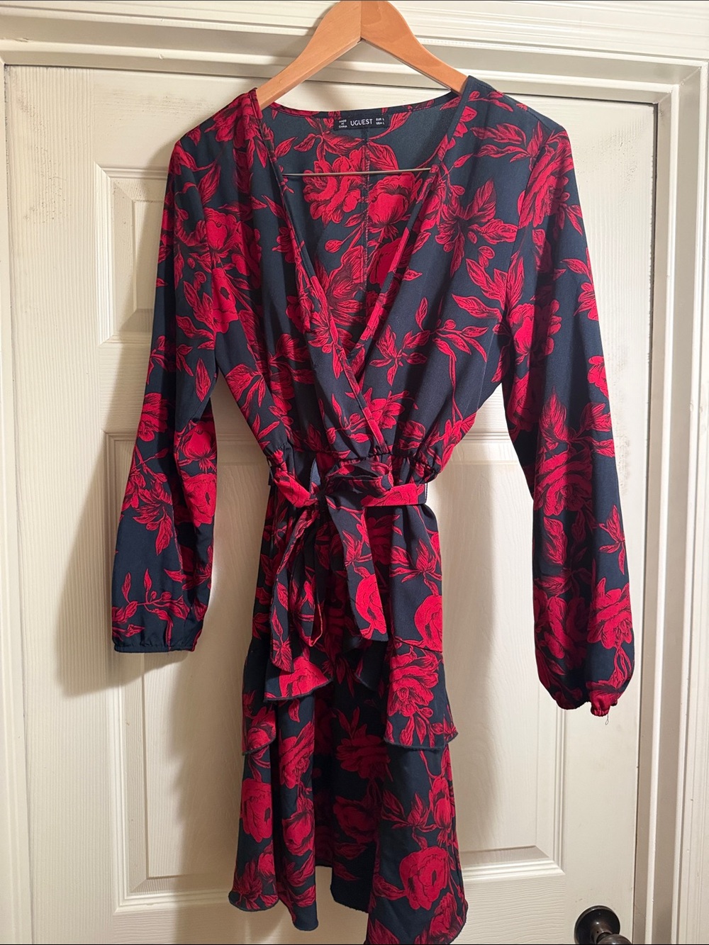Navy long sleeve Dress with wine Floral Print - Wrap Waist with ruffled skirt